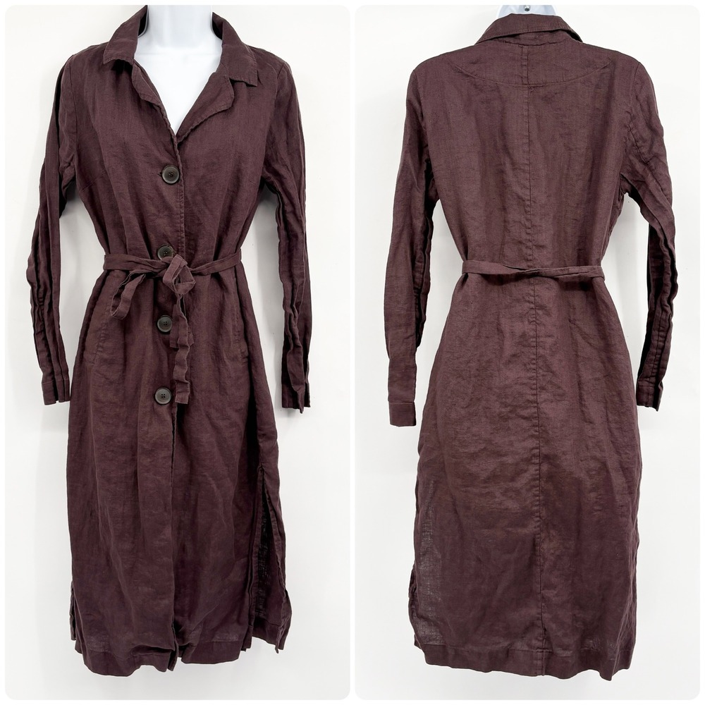 Linen ID Womens 100% Linen‎ Button Front Lagenlook Trench Coat Size S Purple